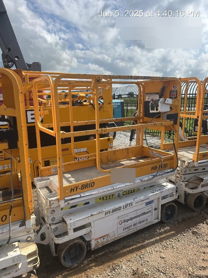 Custom Equipment HB-1430 <ul>
 <li>Hy-Brid Scissor Lift</li>
  <li>Platform capacity up to 670 lbs.</li>
  <li>Working height up to 20 ft</li>
  <li>Weighs under 1,700 lbs.</li>
  <li>Non-marking wheels </li>
</ul>