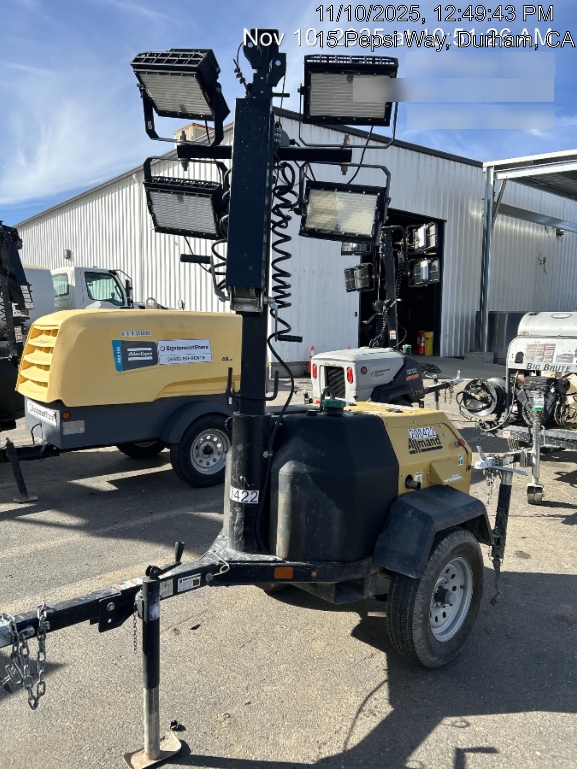 2022 Allmand NLV3GR (4) LED Light Fixture 350W, 23' Vertical Mast, 3kW Prime, Towable, Deep Sea L401, Leveling Jacks, Yanmar T4F 5.8hp
