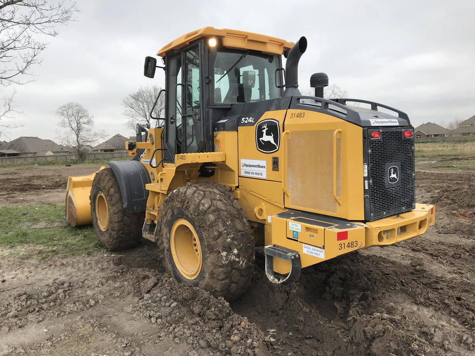 2019 John Deere 524L Cab/Heat/AIR, 3rd Function Hydraulics, Hydraulic JRB QC 2.75 Yd. Bucket, 60" Carriage/72" Forks