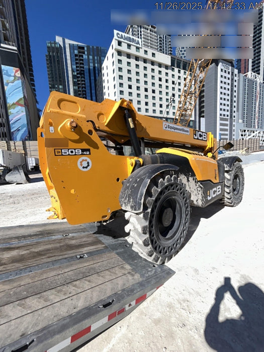 2019 JCB 509-42 74 HP w/Open ROPS, Beacon, Aux Hydraulics, LED Work lights, Solid Tires w/66" Carriage/60" Forks