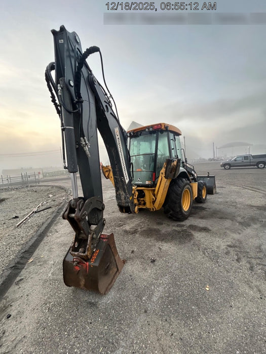 2019 John Deere 410L 4WD, CAB/HVAC, Standard Dipperstick, ISO Controls, Rear Aux Hydraulics, Manual QC w/1.5 Yd Bucket w/Forks, 24" Bucket