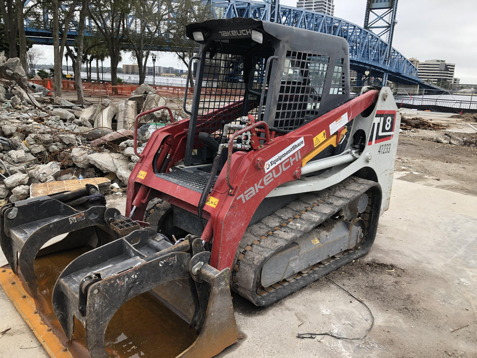 2019 Takeuchi TL8 Canopy, 15" Wide Rubber Tracks, Back-up Alarm, Front & Rear Working Lights, Auxiliary Hydraulics, Two-Speed Travel, Electronic Monitoring System 76" HD Smooth Dirt Bucket with Bolt-On Edge, 20.3 cubic feet Capacity