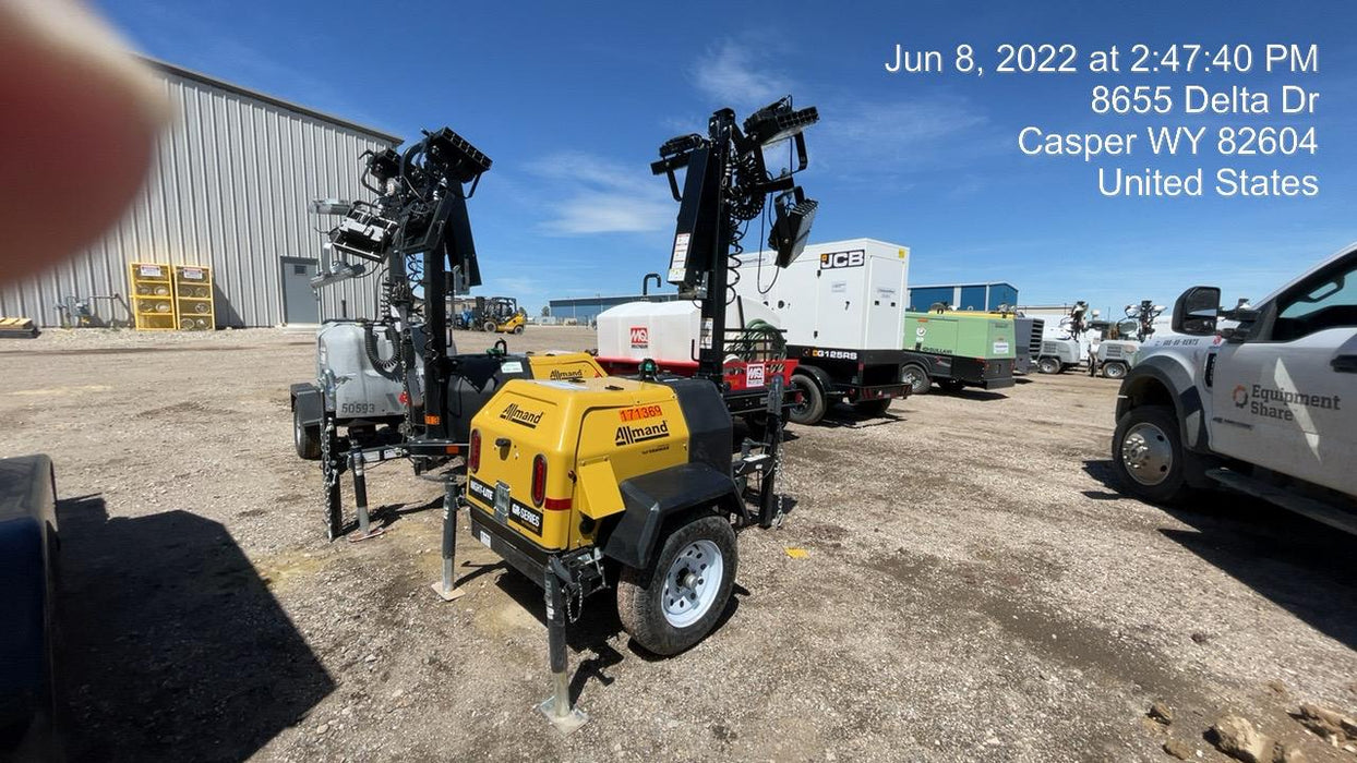 2021 Allmand NLV3GR (4) LED Light Fixture 350W, 23' Vertical Mast, 3kW Prime, Towable, Deep Sea L401, Leveling Jacks, Yanmar T4F 5.8hp