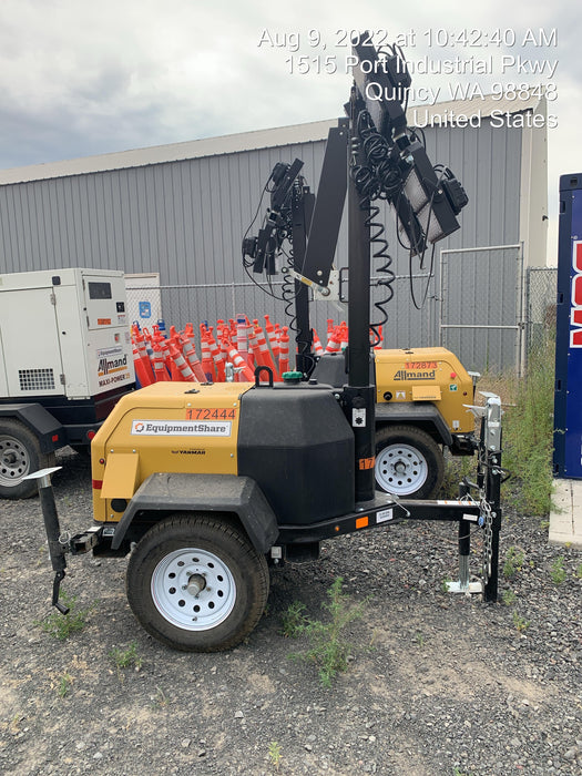 2021 Allmand NLV3GR (4) LED Light Fixture 350W, 23' Vertical Mast, 3kW Prime, Towable, Deep Sea L401, Leveling Jacks, Yanmar T4F 5.8hp