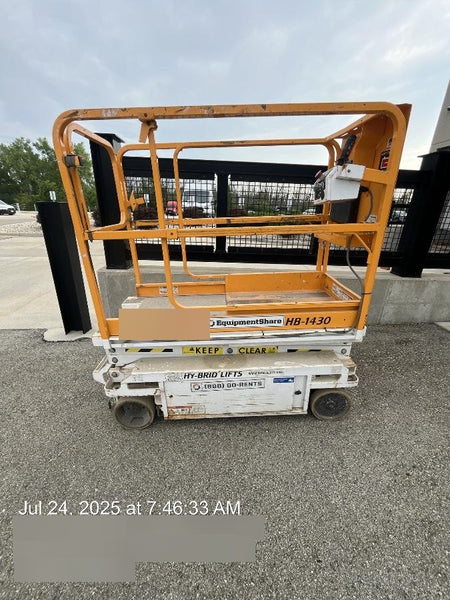 Custom Equipment HB-1430 <ul>
 <li>Hy-Brid Scissor Lift</li>
  <li>Platform capacity up to 670 lbs.</li>
  <li>Working height up to 20 ft</li>
  <li>Weighs under 1,700 lbs.</li>
  <li>Non-marking wheels </li>
</ul>