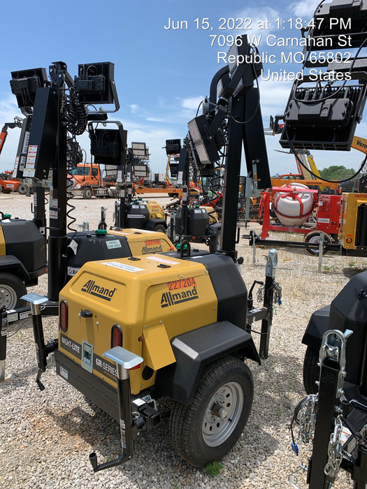 2022 Allmand NLV3GR (4) LED Light Fixture 350W, 23' Vertical Mast, 3kW Prime, Towable, Deep Sea L401, Leveling Jacks, Yanmar T4F 5.8hp