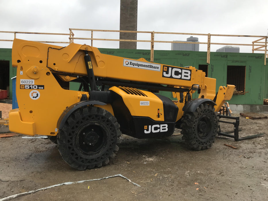 2020 JCB 510-56 Cab/Heat/Air, 74 HP, Solid Tires, STD Worklight, Beacon, Aux Hydraulics, Lifting Eye, Back up Alarm w/66" Carriage/60" Forks