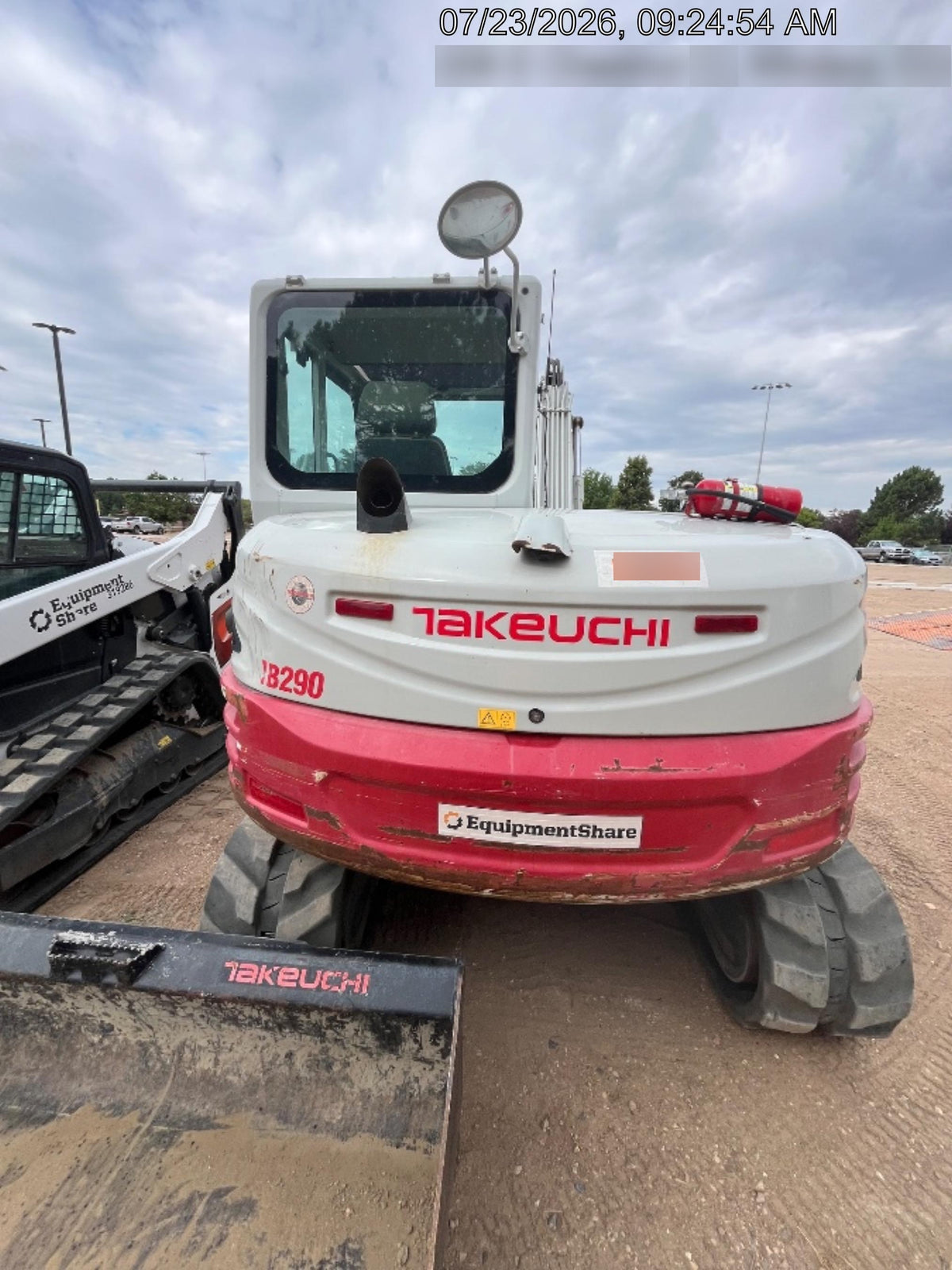 2019 Takeuchi TB290 Cab, AC, Rubber Tracks, Dozer Blade, Travel Alarm, Control Pattern Change Valve, Auxiliary Hydraulics w/18" Quick Coupler Bucket with teeth, 6.2 cu. ft. capacity/24" Quick Coupler Bucket with teeth, 8.6 cu. ft. capacity/36" Quick Coupler Bucket with teeth, 13.4 cu. ft. capacity, Quick Coupler, Hydraulic Thumb Installed