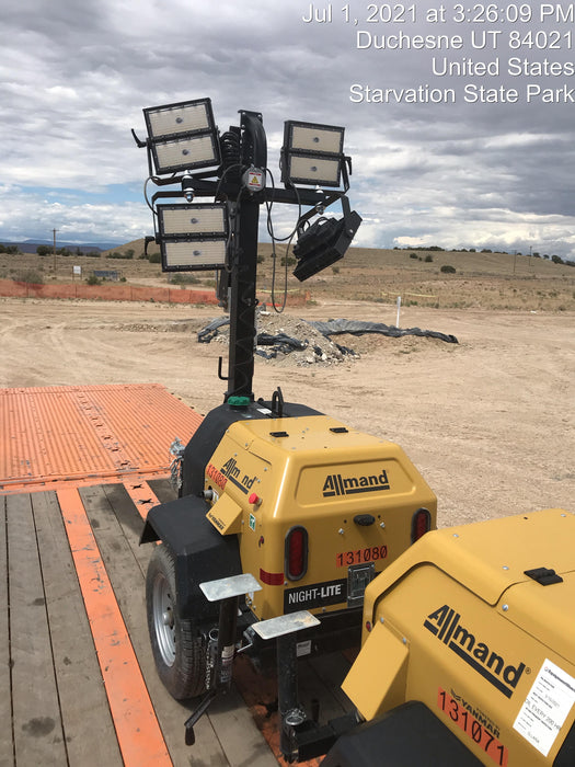 2021 Allmand NLV3GR (4) LED Light Fixture 350W, 23' Vertical Mast, 3kW Prime, Towable, Deep Sea L401, Leveling Jacks, Yanmar T4F 5.8hp