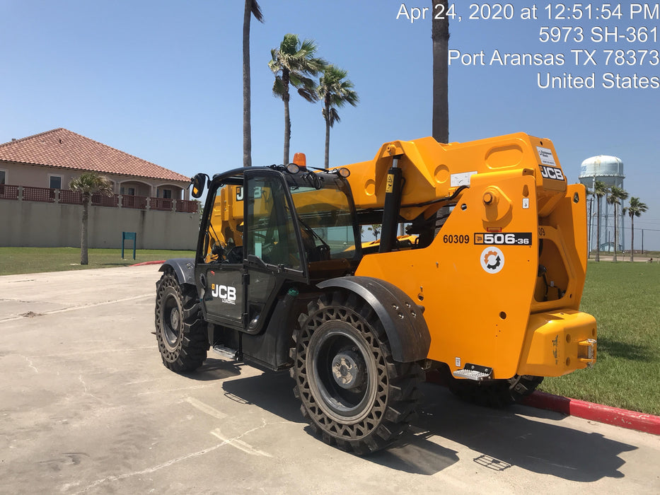 2020 JCB 506-36 Cab/Heat/Air, 74 HP, Solid Tires, STD Worklight, Beacon, Aux Hydraulics, Lifting Eye, Back up Alarm w/48" Carriage/48" Forks