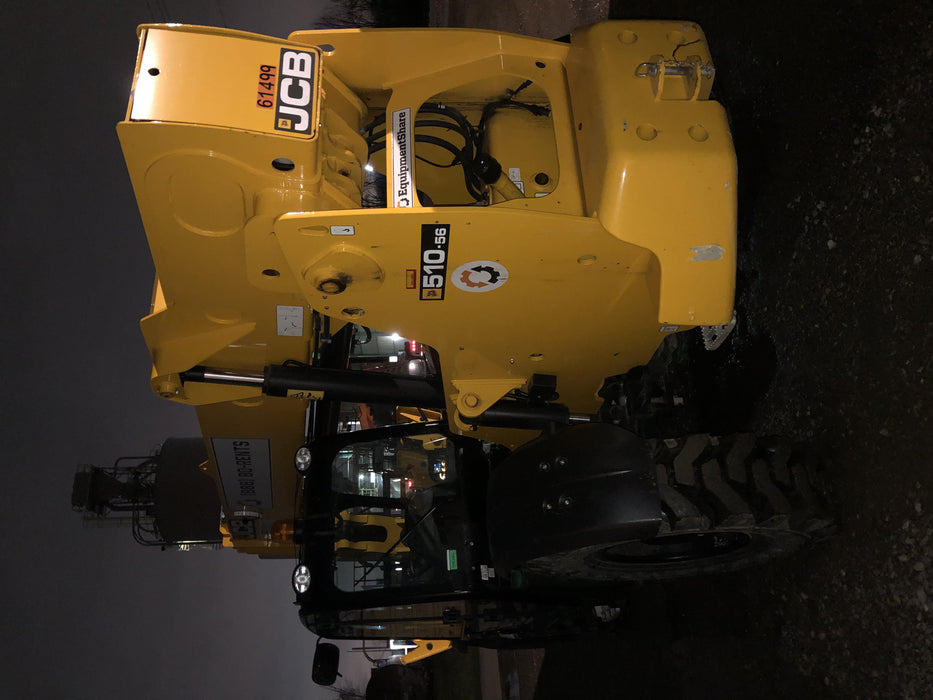 2020 JCB 510-56 Cab/Heat/Air, 74 HP, Solid Tires, STD Worklight, Beacon, Aux Hydraulics, Lifting Eye, Back up Alarm w/66" Carriage/60" Forks