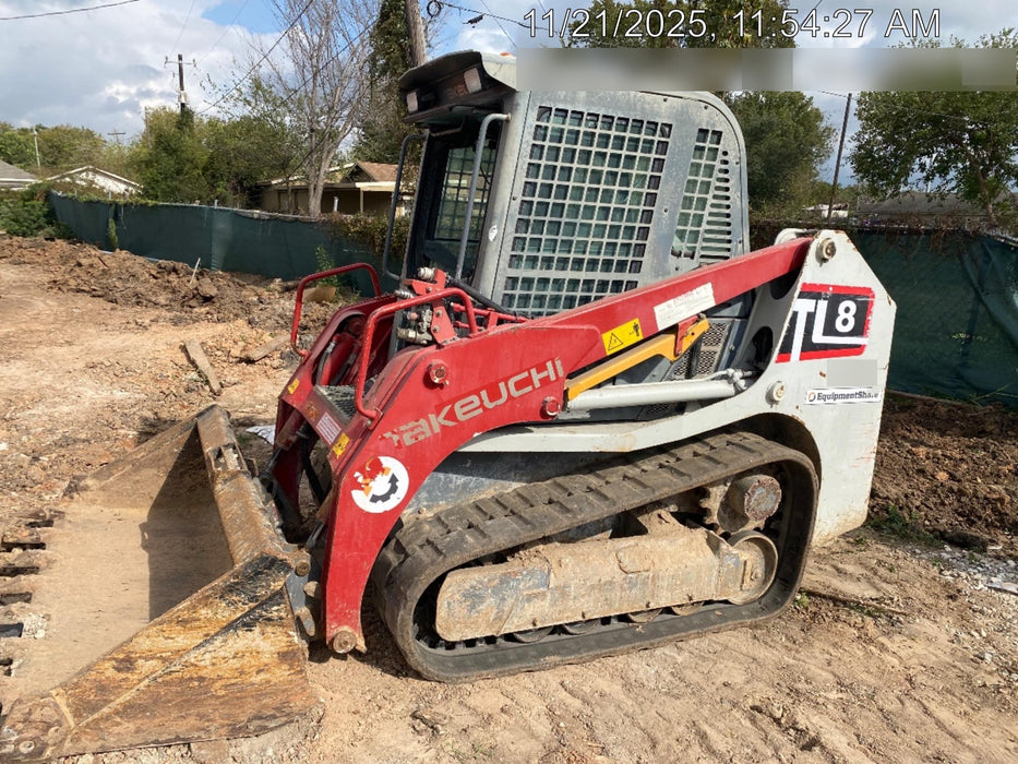 2019 Takeuchi TL8 Cab, Heat/AC, Defroster, 15" Wide Rubber Tracks, Back-up Alarm, Front & Rear Working Lights, Auxiliary Hydraulics, Two-Speed Travel, Electronic Monitoring System, Hydraulic Universal Quick Hitch 76" HD Dirt Bucket with 8 Teeth, 20.3 cubic feet Capacity