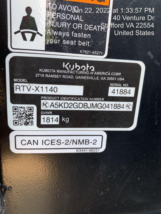 2020 Kubota RTV-X1140W-H Plastic Canopy, Windshield Acrylic Clear, LED Strobe Light, Wire Harness Kit, Back up Alarm