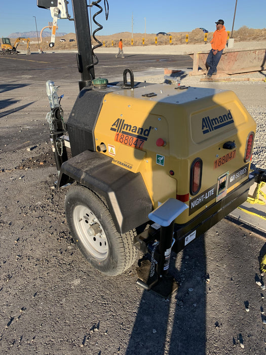 Allmand NLV3GR (4) LED Light Fixture 350W, 23' Vertical Mast, 3kW Prime, Towable, Deep Sea L401, Leveling Jacks, Yanmar T4F 5.8hp