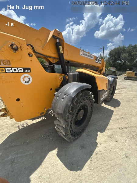 2019 JCB 509-42 74 HP w/Open ROPS, Beacon, Aux Hydraulics, LED Work lights, Solid Tires w/66" Carriage/60" Forks
