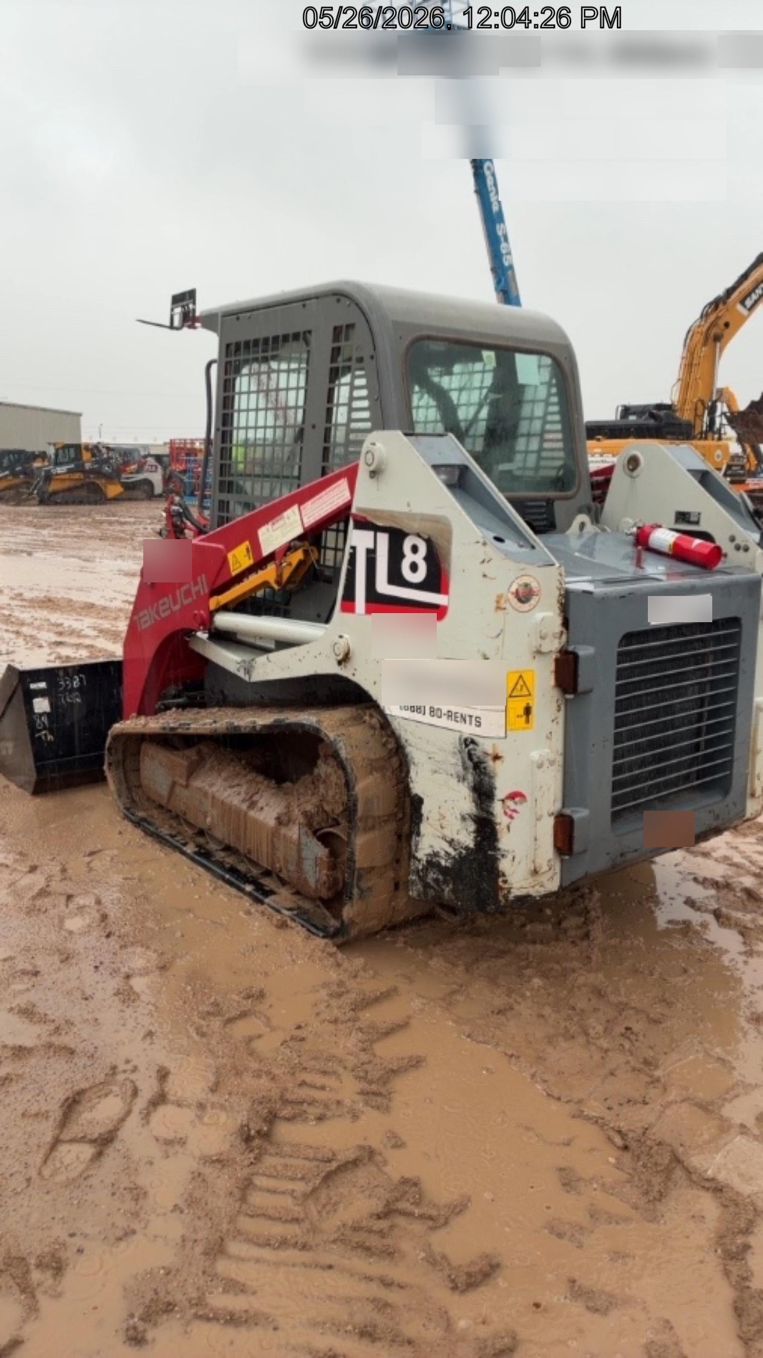 2019 Takeuchi TL8 Cab, Heat/AC, Defroster, 15" Wide Rubber Tracks, Back-up Alarm, Front & Rear Working Lights, Auxiliary Hydraulics, Two-Speed Travel, Electronic Monitoring System, Hydraulic Universal Quick Hitch 76" HD Dirt Bucket with 8 Teeth, 20.3 cubic feet Capacity