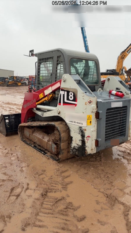 2019 Takeuchi TL8 Cab, Heat/AC, Defroster, 15" Wide Rubber Tracks, Back-up Alarm, Front & Rear Working Lights, Auxiliary Hydraulics, Two-Speed Travel, Electronic Monitoring System, Hydraulic Universal Quick Hitch 76" HD Dirt Bucket with 8 Teeth, 20.3 cubic feet Capacity