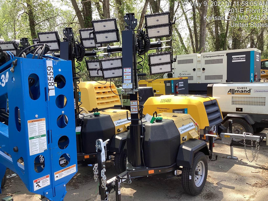 2022 Allmand NLV3GR (4) LED Light Fixture 350W, 23' Vertical Mast, 3kW Prime, Towable, Deep Sea L401, Leveling Jacks, Yanmar T4F 5.8hp