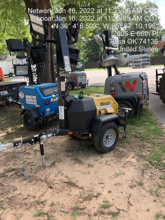 2022 Allmand NLV3GR (4) LED Light Fixture 350W, 23' Vertical Mast, 3kW Prime, Towable, Deep Sea L401, Leveling Jacks, Yanmar T4F 5.8hp