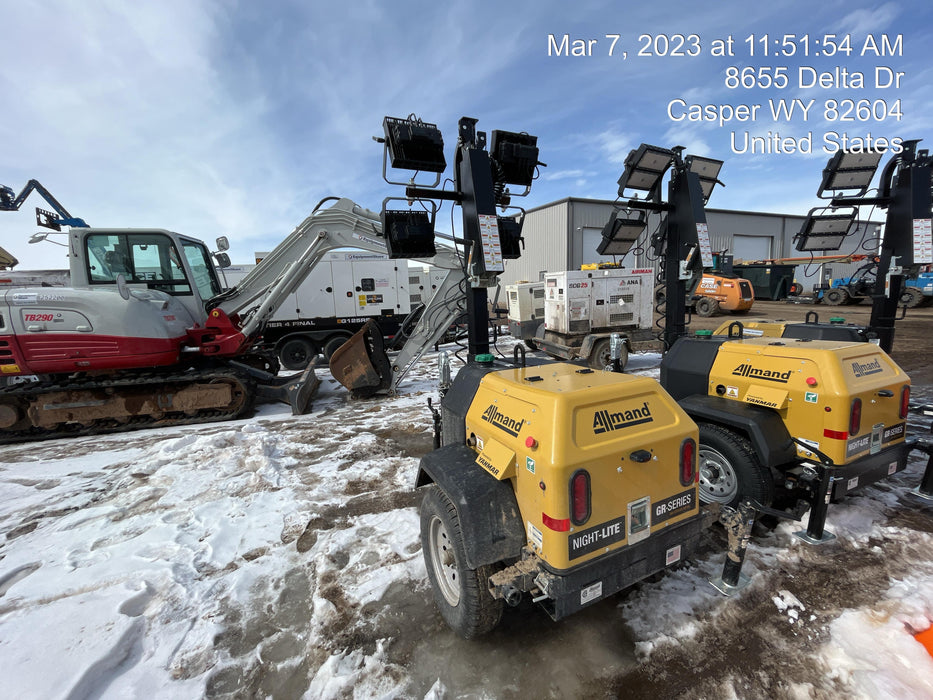 2022 Allmand NLV3GR (4) LED Light Fixture 350W, 23' Vertical Mast, 3kW Prime, Towable, ES Decals, T3