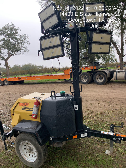 2021 Allmand NLV3GR (4) LED Light Fixture 350W, 23' Vertical Mast, 3kW Prime, Towable, Deep Sea L401, Leveling Jacks, Yanmar T4F 5.8hp