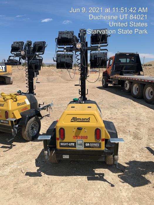 2021 Allmand NLV3GR (4) LED Light Fixture 350W, 23' Vertical Mast, 3kW Prime, Towable, Deep Sea L401, Leveling Jacks, Yanmar T4F 5.8hp