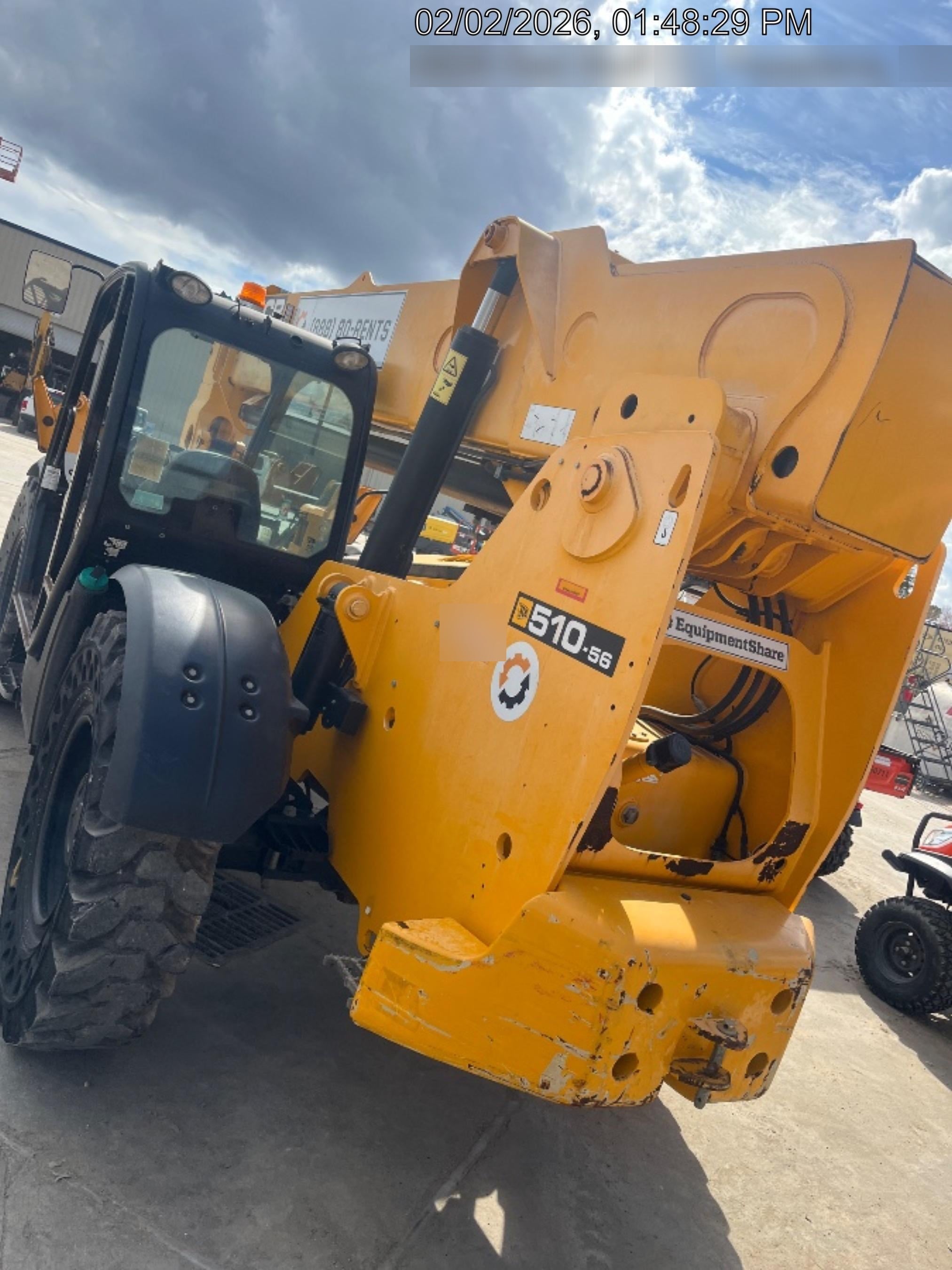 2019 JCB 510-56 Open ROPS, 74 HP, Solid Tires, Worklights, Beacon, Aux Hydraulics, Lifting Eye w/66" Carriage/60" Forks