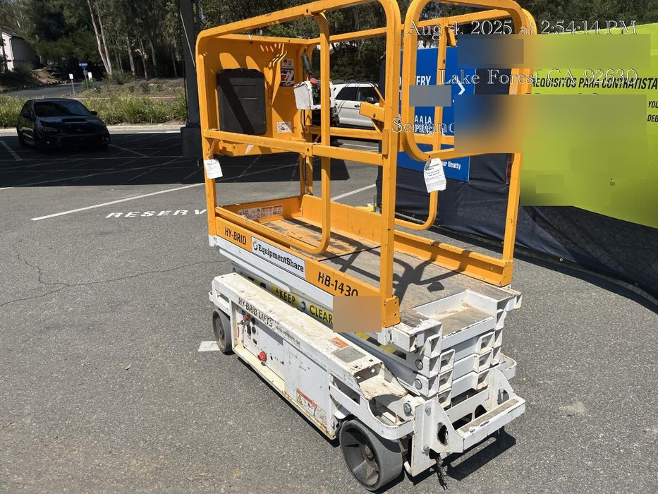 Custom Equipment HB-1430 <ul>
 <li>Hy-Brid Scissor Lift</li>
  <li>Platform capacity up to 670 lbs.</li>
  <li>Working height up to 20 ft</li>
  <li>Weighs under 1,700 lbs.</li>
  <li>Non-marking wheels </li>
</ul>