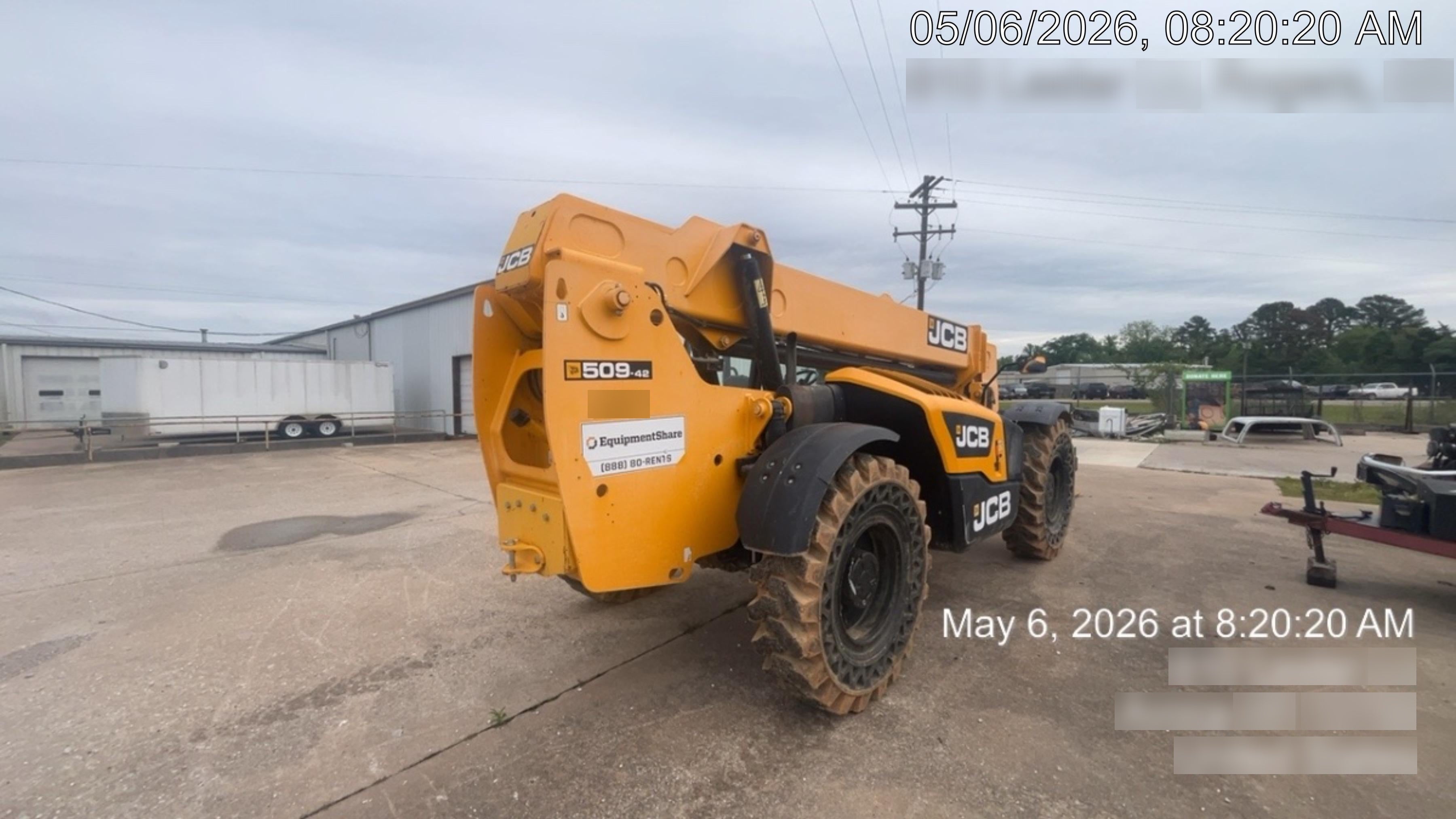 2019 JCB 509-42 74 HP w/Open ROPS, Beacon, Aux Hydraulics, LED Work lights, Solid Tires 66" Carriage/60" Forks