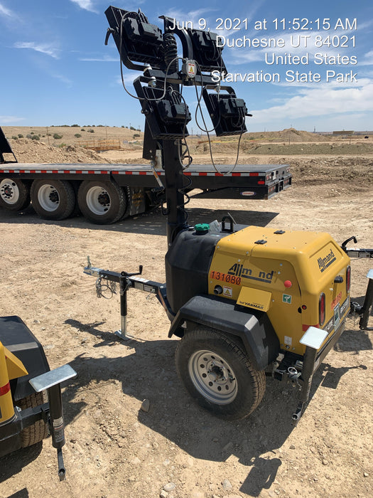 2021 Allmand NLV3GR (4) LED Light Fixture 350W, 23' Vertical Mast, 3kW Prime, Towable, Deep Sea L401, Leveling Jacks, Yanmar T4F 5.8hp