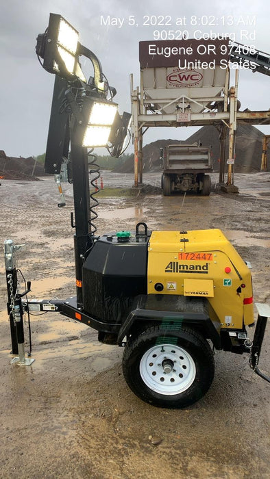 2021 Allmand NLV3GR (4) LED Light Fixture 350W, 23' Vertical Mast, 3kW Prime, Towable, Deep Sea L401, Leveling Jacks, Yanmar T4F 5.8hp