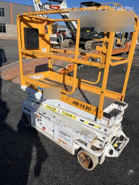 Custom Equipment HB-1430 <ul>
 <li>Hy-Brid Scissor Lift</li>
  <li>Platform capacity up to 670 lbs.</li>
  <li>Working height up to 20 ft</li>
  <li>Weighs under 1,700 lbs.</li>
  <li>Non-marking wheels </li>
</ul>