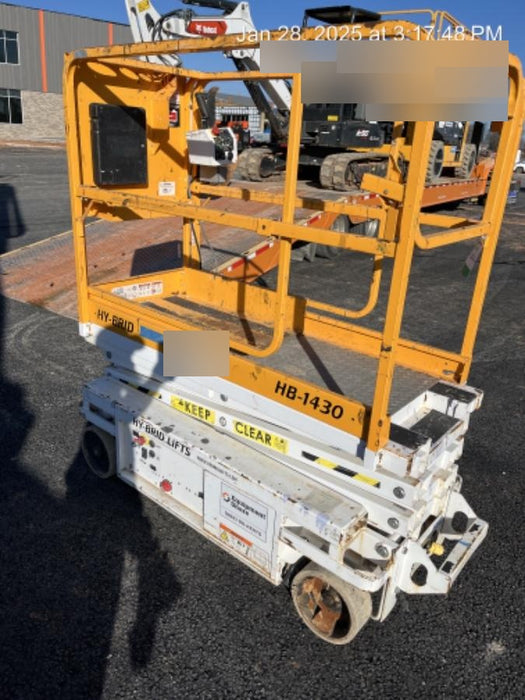 Custom Equipment HB-1430 <ul>
 <li>Hy-Brid Scissor Lift</li>
  <li>Platform capacity up to 670 lbs.</li>
  <li>Working height up to 20 ft</li>
  <li>Weighs under 1,700 lbs.</li>
  <li>Non-marking wheels </li>
</ul>