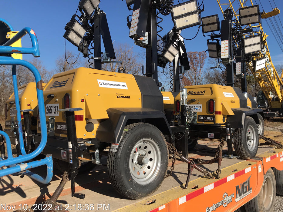 2022 Allmand NLV3GR (4) LED Light Fixture 350W, 23' Vertical Mast, 3kW Prime, Towable, ES Decals, T3