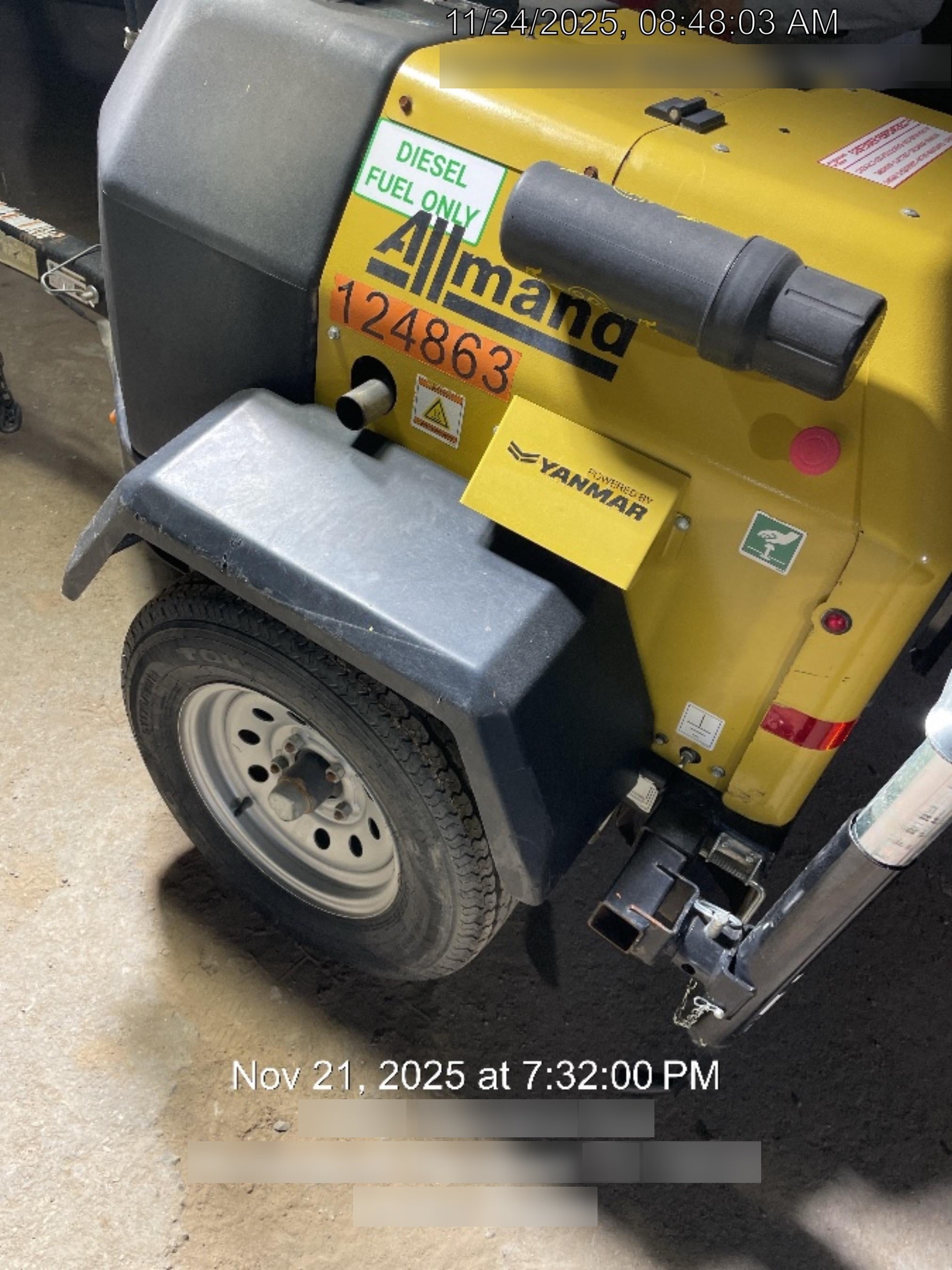 2020 Allmand NLV3GR (4) LED Light Fixture 350W, 23' Vertical Mast, 3kW Prime, Towable, Deep Sea L401, Leveling Jacks, Yanmar T4F 5.8hp