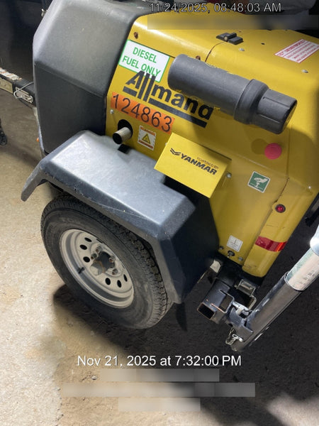 2020 Allmand NLV3GR (4) LED Light Fixture 350W, 23' Vertical Mast, 3kW Prime, Towable, Deep Sea L401, Leveling Jacks, Yanmar T4F 5.8hp