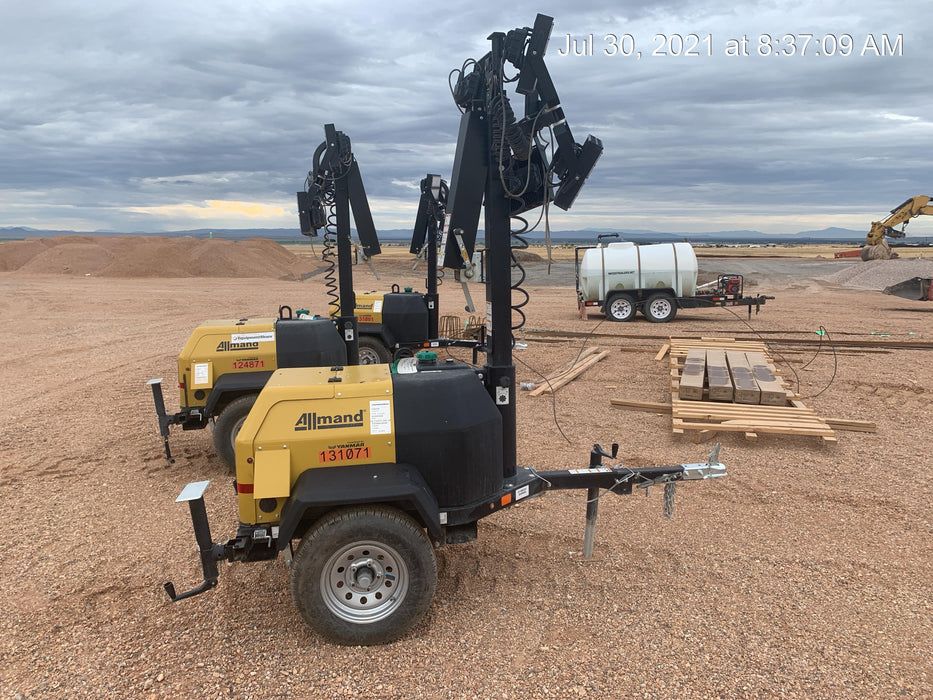 2021 Allmand NLV3GR (4) LED Light Fixture 350W, 23' Vertical Mast, 3kW Prime, Towable, Deep Sea L401, Leveling Jacks, Yanmar T4F 5.8hp