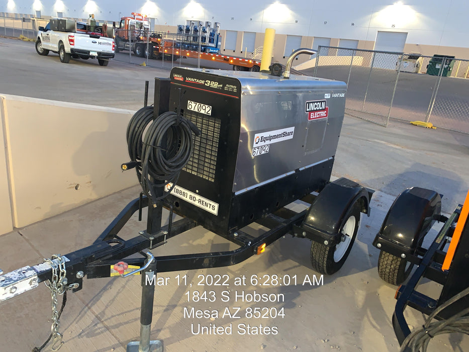 2020 Lincoln Electric Vantage 322 Welder Ready-Pak 3, Two wheel trailer, Fender and Light kit, Cable Rack