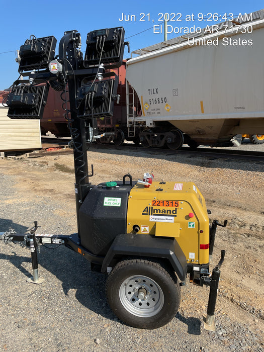 2022 Allmand NLV3GR (4) LED Light Fixture 350W, 23' Vertical Mast, 3kW Prime, Towable, Deep Sea L401, Leveling Jacks, Yanmar T4F 5.8hp