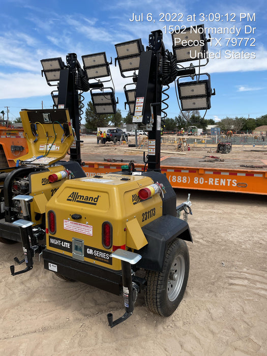 2022 Allmand NLV3GR (4) LED Light Fixture 350W, 23' Vertical Mast, 3kW Prime, Towable, Deep Sea L401, Leveling Jacks, Yanmar T4F 5.8hp