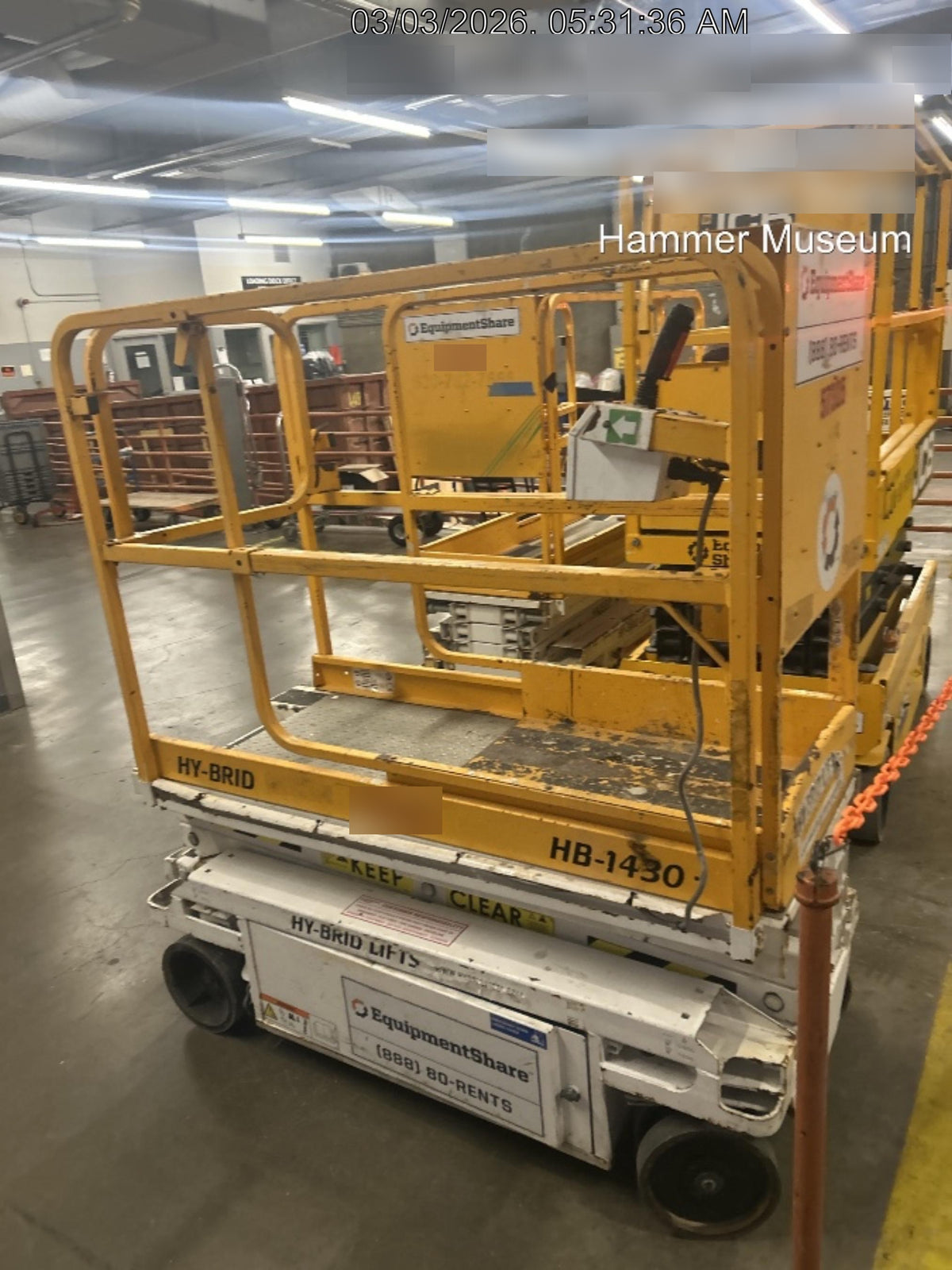 Custom Equipment HB-1430 <ul>
 <li>Hy-Brid Scissor Lift</li>
  <li>Platform capacity up to 670 lbs.</li>
  <li>Working height up to 20 ft</li>
  <li>Weighs under 1,700 lbs.</li>
  <li>Non-marking wheels </li>
</ul>
