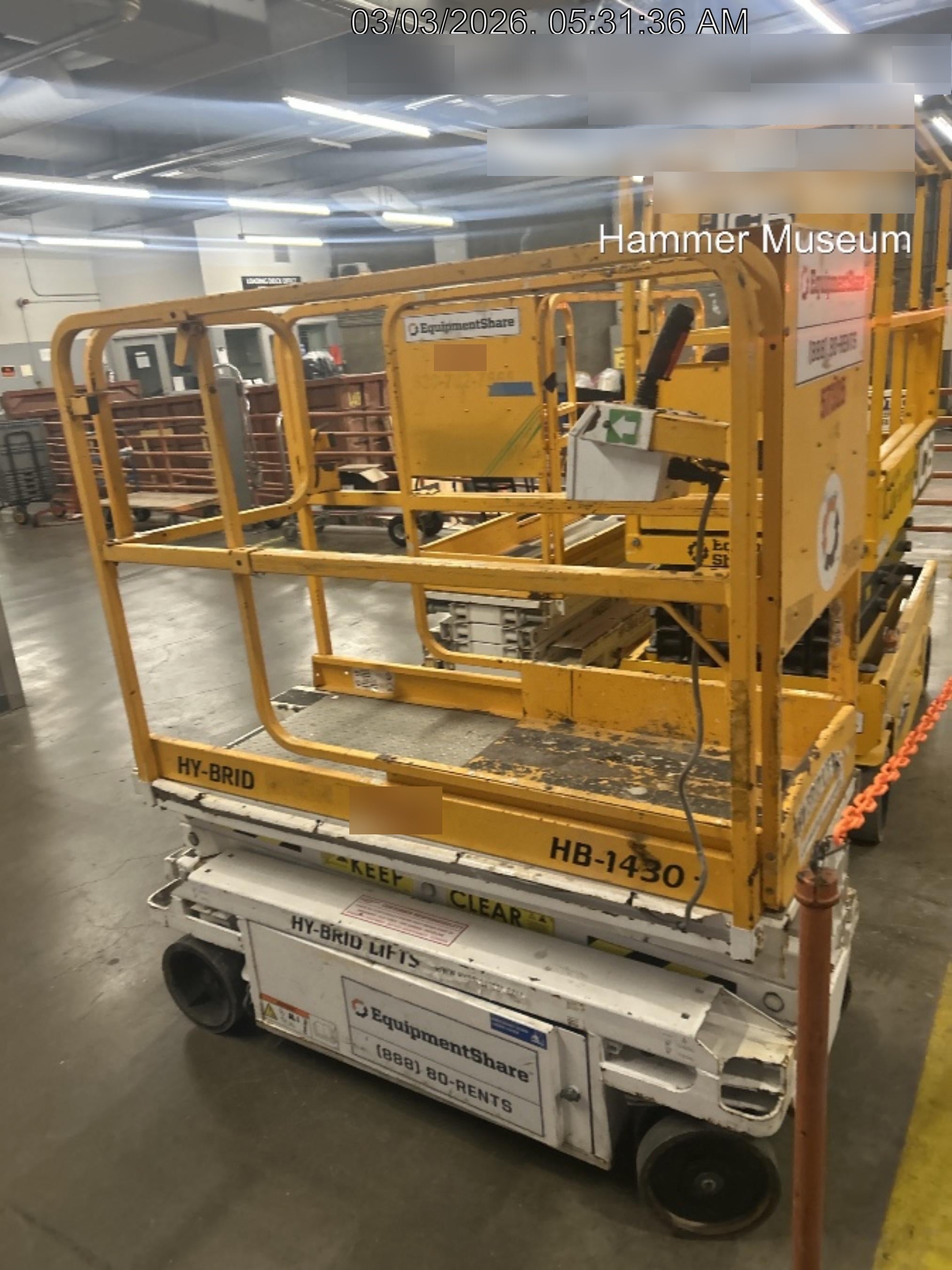 Custom Equipment HB-1430 <ul>
 <li>Hy-Brid Scissor Lift</li>
  <li>Platform capacity up to 670 lbs.</li>
  <li>Working height up to 20 ft</li>
  <li>Weighs under 1,700 lbs.</li>
  <li>Non-marking wheels </li>
</ul>