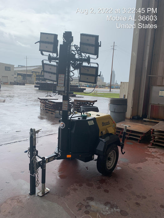 2022 Allmand NLV3GR (4) LED Light Fixture 350W, 23' Vertical Mast, 3kW Prime, Towable, Deep Sea L401, Leveling Jacks, Yanmar T4F 5.8hp