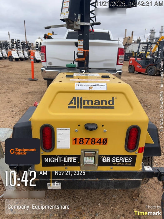 Allmand NLV3GR (4) LED Light Fixture 350W, 23' Vertical Mast, 3kW Prime, Towable, Deep Sea L401, Leveling Jacks, Yanmar T4F 5.8hp