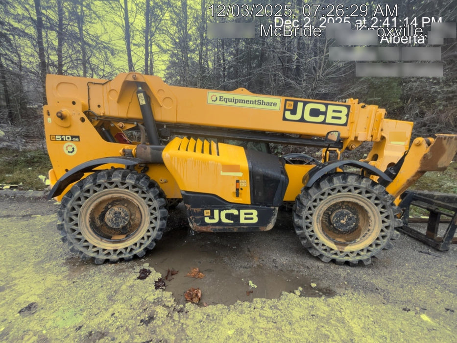 2020 JCB 510-56 Cab/Heat/Air, 74 HP, Solid Tires, STD Worklight, Beacon, Aux Hydraulics, Lifting Eye, Back up Alarm w/66" Carriage/60" Forks