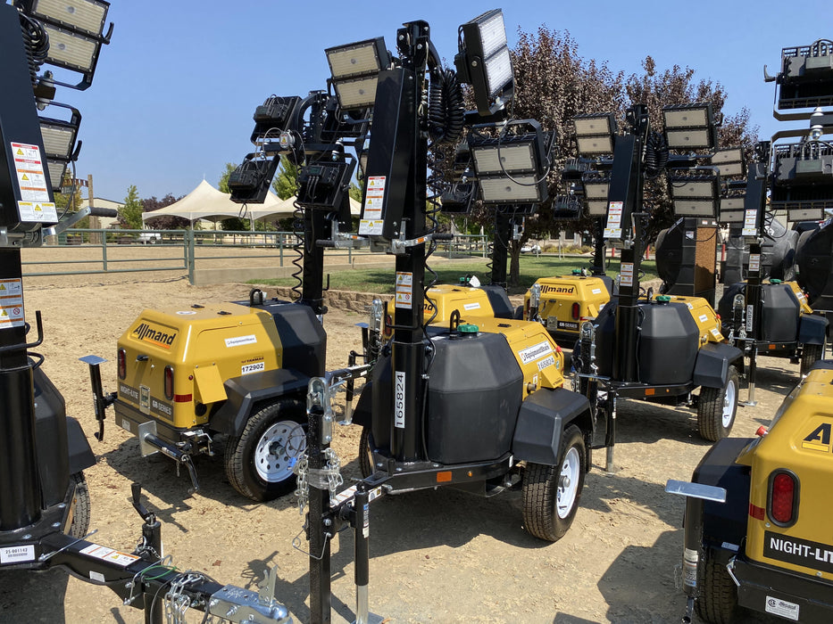 2021 Allmand NLV3GR (4) LED Light Fixture 350W, 23' Vertical Mast, 3kW Prime, Towable, Deep Sea L401, Leveling Jacks, Yanmar T4F 5.8hp