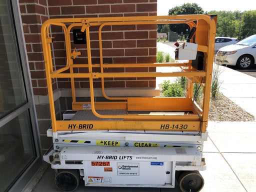 Custom Equipment HB-1430 <ul>
 <li>Hy-Brid Scissor Lift</li>
  <li>Platform capacity up to 670 lbs.</li>
  <li>Working height up to 20 ft</li>
  <li>Weighs under 1,700 lbs.</li>
  <li>Non-marking wheels </li>
</ul>