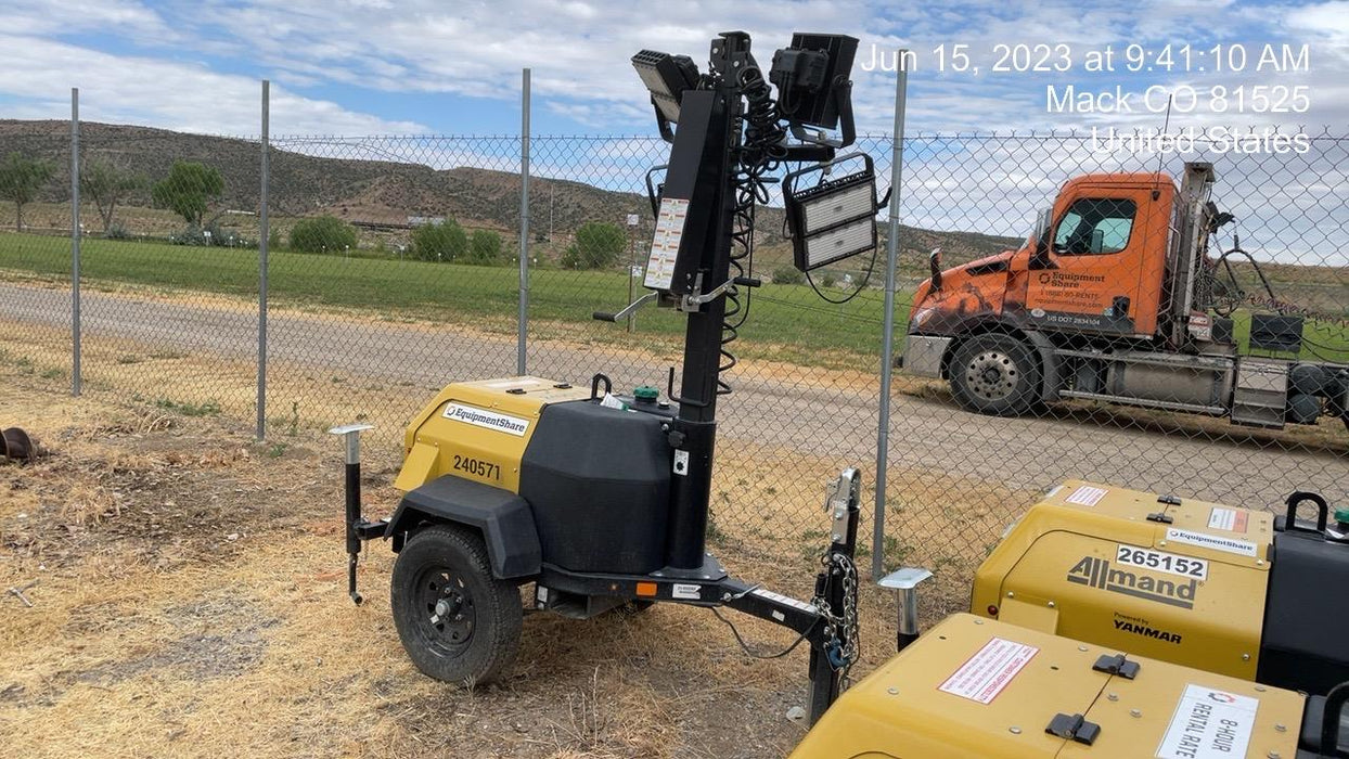 2022 Allmand NLV3GR (4) LED Light Fixture 350W, 23' Vertical Mast, 3kW Prime, Towable, Deep Sea L401, Leveling Jacks, Yanmar T4F 5.8hp