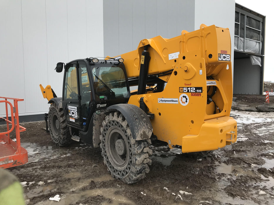 2019 JCB 512-56 Cab/Heat/Air, 109 HP, Solid Tires, STD Worklight, Beacon, Aux Hydraulics, Lifting Eye, Back up Alarm w/66" Carriage/60" Forks