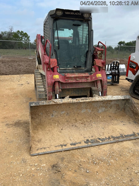 2019 Takeuchi TL10V2-CR Cab/Heat/AC, Rubber Tracks, Backup Alarm, Front & rear working Lights, Auxiliary Hydraulics, 2 Speed Travel, Engine Monitoring System, Hydraulic universal quick hitch w/76" HD smooth dirt bucket with bolt-on edge, 20.3 cubic feet capacity, 48" Pallet forks and frame
